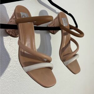 DV by Dolce Vita Tan and White Triple-Strap Block Heel Sandals